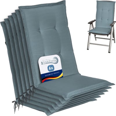 Beautissu Loft HL Stoelkussen Set 6x Hoge Rugleuning 120x50 cm Duifblauw – Tuinstoelkussen UV-bestendig
