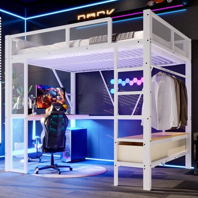 Wishdor – Hoogslaper met bureau, open kledingrek en 3 laden – 140 x 200 cm – Metaal en hout – Wit – Inclusief LED-verlichting – 16 kleuren – Modern