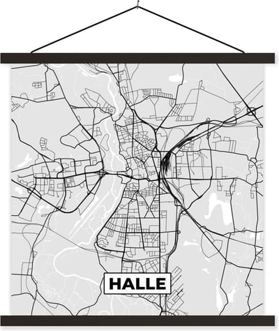 Posterhanger incl. Poster 60x60 cm - Schoolplaat - Duitsland - Plattegrond - Kaart - Halle - Stadskaart - Textielposter - Zwarte latten - Stadskaart