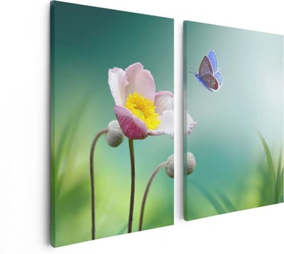 Artaza Canvas Schilderij Tweeluik Roze Anemoon Bloem Met Een Blauwe Vlinder - 80x60 cm - Wanddecoratie Woonkamer - Schilderijen - Muurdecoratie