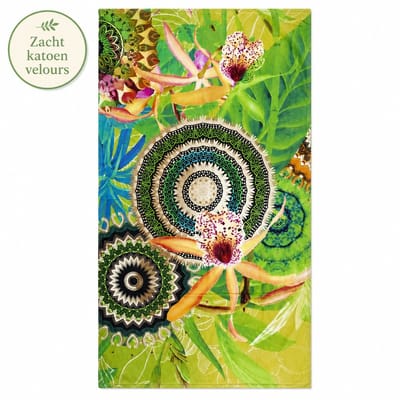 Strandlaken Groen Mandala 100x180 cm – 100% Katoen Velours – Zacht en Absorberend – Groot Badlaken met Tropische Bloemen