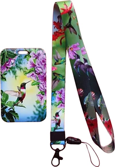 Travel Cords - keycord met pashouder Kolibrie Bloemen - uitschijfbaar - eenzijdig transparant venster - lanyard - passen, sleutels en telefoon - met telefooncord - hardcase pashouder