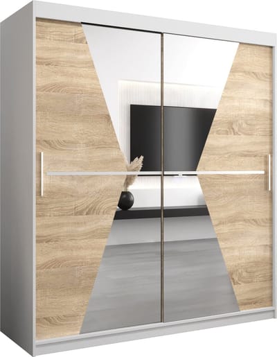 InspireMe - Kledingkast met 2 schuifdeuren, Modern-stijl, Een kledingkast met planken en een spiegel (BxHxD): 180x200x62 - TOTO 180 Wit Mat + Sonoma Eik