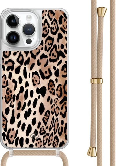 Casimoda® hoesje met beige koord - Geschikt voor iPhone 13 Pro Max - Luipaard print bruin - Afneembaar koord - TPU/polycarbonaat - Bruin/beige