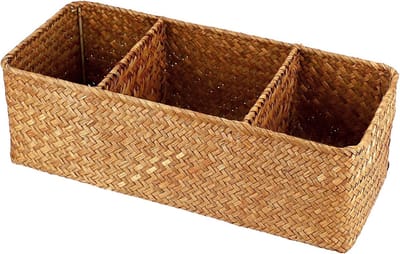 Opbergmand van Wicker met 3 Compartimenten - Handgeweven Mand voor Organisatie op Bureau, Keukenblad en Plank