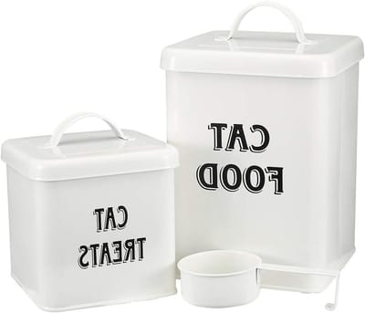 Set voor Hondenvoer en Snacks met Schep - Vintage Crème Poedergecoat Staal - Luchtdichte Opslagblikken voor Honden en Katten - Ideaal voor Droogvoer en Snacks