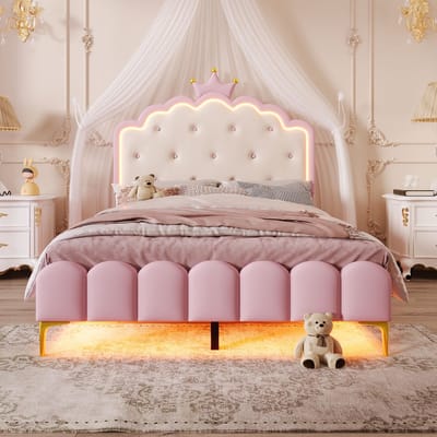 Twijfelaar - 140x200 cm - Prinsessenbed Kroonvorm - LED met Afstandsbediening - PU - Roze