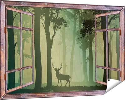 Gards Tuinposter Doorkijk Hert in het Bos - Silhouet - 150x100 cm - Tuindoek - Tuindecoratie - Wanddecoratie buiten - Tuinschilderij