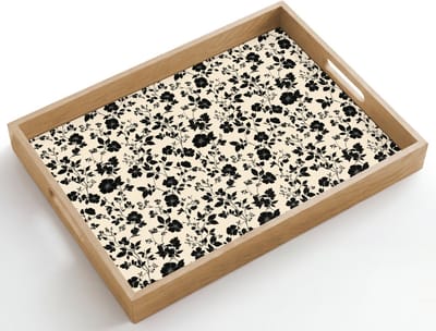Dienblad hout 50x35 cm - Schootdienblad - Bloemen - Dessin - Zwart - Borrelplank rechthoek - Plateau dienbladen