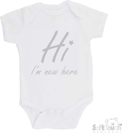 100% katoenen Romper "Hi I'm new here" Met Een Sterretje Unisex Katoen Wit/zilver Shiny Maat 62/68