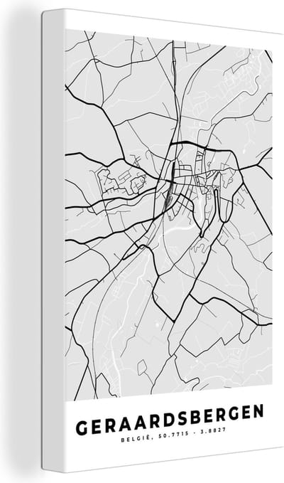 Canvas Schilderij Stadskaart – Zwart Wit - Kaart – Geraardsbergen – België – Plattegrond - 20x30 cm - Wanddecoratie