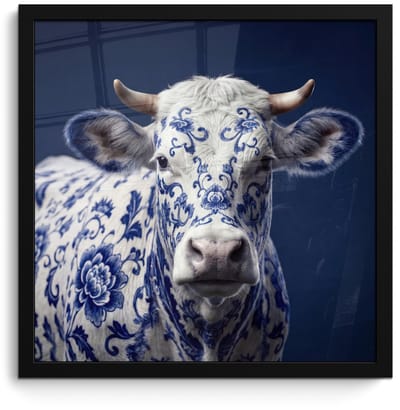 Poster in lijst - Fotolijst 40x40 cm - Posters - Koe - Delfts - Blauw - Artistiek - Posterlijst zwart - Decoratie - Wanddecoratie woonkamer - Muurdecoratie slaapkamer