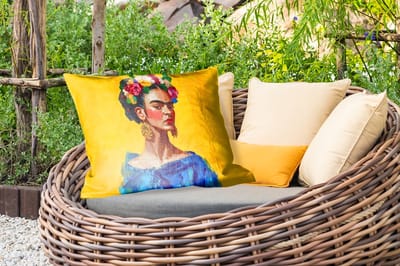 Buitenkussens - Frida Kahlo - Vrouw - Geel - Blauw - Bloemen - 60x40 cm - Weerbestendig