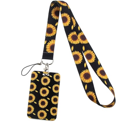 Travel Cords - Keycord met Pashouder Zonnebloemen Zwart - Badgehouder