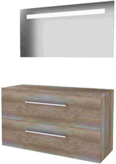 Basic-Line Economic 46 Badkamermeubelset - 120 x 46 cm - Met Grepen - 2 Lades - Wastafelblad - Spiegel met LED Verlichting - Scotch Oak