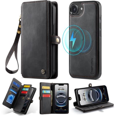 Casemania Hoesje Geschikt voor Apple iPhone 16e - Charcoal Gray - 2 in 1 Magnetische Bookcase met Uitneembare Back Cover - Geschikt voor MagSafe - Telefoonhoesje met 10 Pasjesvakken / Polsband - Wallet Case met Pasjeshouder