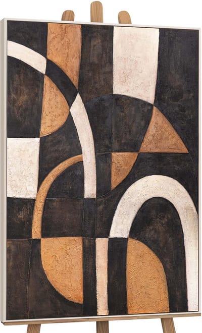 YS Schilderij "Harmonie van de Bochten" - Handgeschilderd canvas schilderi - Wanddecoratie Moderne kunst - Zwart en goud - Geometrisch - Muurdecoratie woonkamer - Slaapkamer decoratie - Kamer accessoires - Schilderij modern met lijnen Beige 120x80