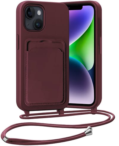 Hoesje Geschikt voor iPhone 13 Hoesje Met Telefoonketting Pasjeshouder Case Koord - Hoesje Geschikt voor iPhone 13 Hoes Met Kaarthouder - Aubergine