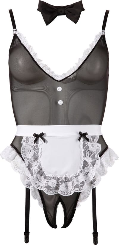 Cottelli Collection – Sexy Huishoudster Body Licht Transparant met Open Kruis voor de Grondige Schoonmaak – Maat S – Zwart