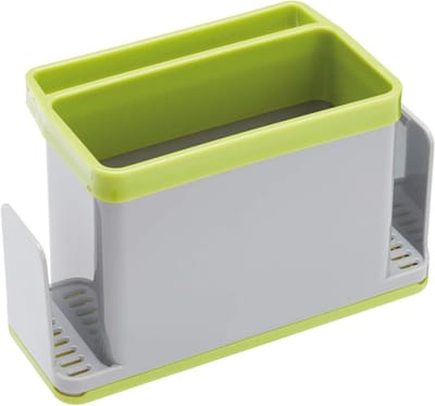 Famanu – Gootsteenorganizer van kunststof met lekbak - compacte spoelbakorganizer voor spons - afwasmiddel en borstel - afneembare lekbak voor droog aanrecht - geschikt voor keuken en bijkeuken - grijs en groen - 19,5 x 9,5 x 12 cm