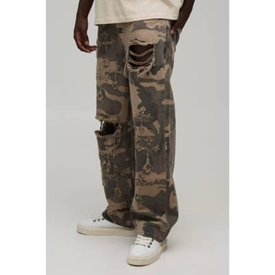 Camo Gothic Cross Distressed Relaxed Fit Jeans | Size 44R
