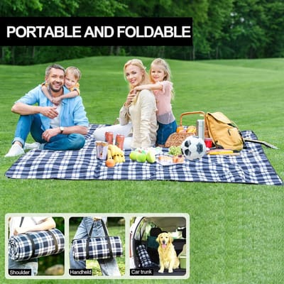 Famanu - Picknick deken 200x200 cm, picknickdeken waterdichte outdoor thermische isolatie waterdichte vloer, opvouwbare Picknickkleden, wasbaar, met tas en schouderriem（Blauw en wit raster）