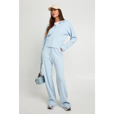boohoo Dames Superzachte geribbelde gebreide hoodie en broekset met ritssluiting | Baby Blue | Maat: Large