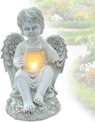 Tuindecoratie Engel - Zonne-decoratie Buiten - Sfeerverlichting Tuin - Met Zonne-energie - 15.5 x 14.5 x 20 cm - Antiekwit
