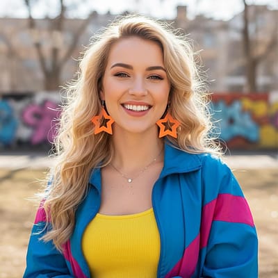 Kleurrijke ster oorbellen jaren 80 voor dames, retro neon accessoires voor themafeesten, maskerade en kostuums, 7,8 × 5,2 cm