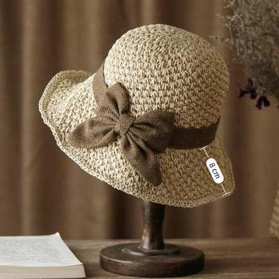 Vintage Ademende Gevlochten Strohoed Met Strik Opvouwbare Strandpet UV-bescherming Brede Rand Zonnehoed Zomer gray