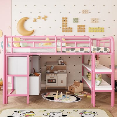Sweiko Hoogslaper - 90x200 cm - Opbergplank - Afgeronde hoeken - Met lades - Kinderbed - Roze