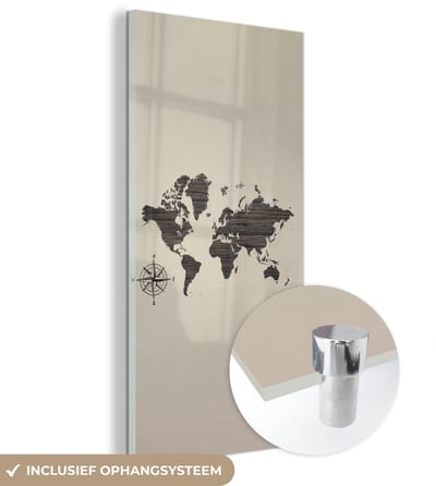 ® Glasschilderij 60x120 cm - Schilderij acrylglas - Wereldkaart - Hout - Bruin - Foto op glas - Muurdecoratie woonkamer - Wanddecoratie slaapkamer - Schilderijen
