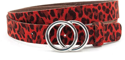 Damesriem rood - Leren jeans riem 3cm dubbele ringen en luipaardprint - Leer - Jeans riem - Casual - Maat 95