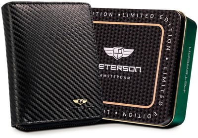 Peterson® Luxe Leren Heren Portemonnee – Carbon Look – RFID-Blokkering – Verticaal Model – Hoogwaardig Natuurlijk Leder – Zwart