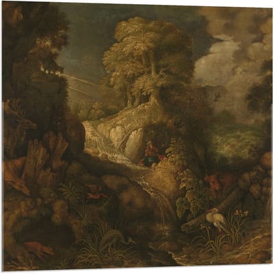 Acrylglas - Oude Meesters - Elia door de raven gevoed, Roelandt Savery, 1634 - 80x80cm Foto op Acrylglas (Met Ophangsysteem)