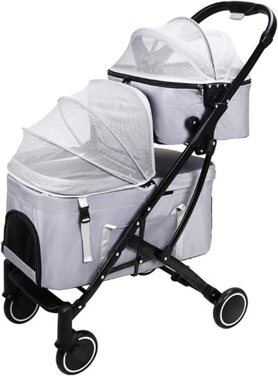 Huisdier Wandelwagen - Dubbellaags Draagsysteem - Comfortabel Transport - Afneembare Reiswieg - Tot 21kg - Grijs
