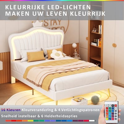 VVBV Kinderbed 90x200 cm - LED-Verlichting, Lattenbodem, Kroonhoofdbord, Voor Hal/Entree - PU-leer Wit - Zonder Matras