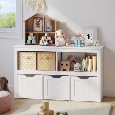 Bealife AP104 Kinder Opbergmeubel - Speelgoedkast & Boekenplank voor kinderen met 3 Rollende Laden & 6 Opbergzones - Wit