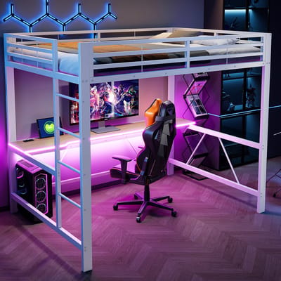 DESMIU Hoogslaper 140x200 cm – Met Bureau, Ledverlichting En Oplaadpunt – Ruimtebesparend Voor Jeugdkamer – Metaal En MDF – Wit – Zonder Matras