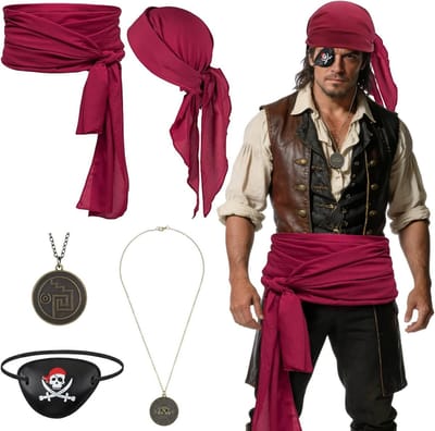 Piratenkostuum Set voor Mannen met Sieraad, Piratenriem, Rode Hoofddoek en Ooglapje voor Carnaval en Halloween