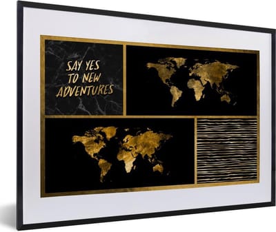 Poster in lijst - Fotolijst 60x40 cm - Posters - Wereldkaart - - Spreuken - Goud - Posterlijst zwart - Decoratie - Wanddecoratie woonkamer - Muurdecoratie slaapkamer