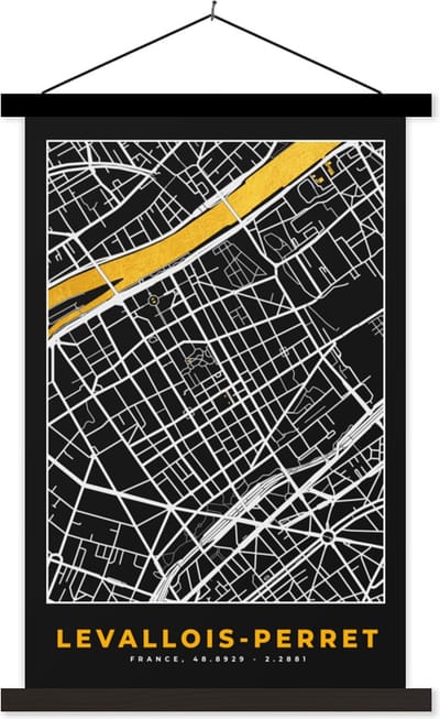 Posterhanger incl. Poster 40x60 cm - Schoolplaat - Plattegrond – Levallois-Perret – Stadskaart – Kaart – Frankrijk - Textielposter - Zwarte latten - Stadskaart