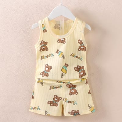 Kinderkleding Print Mouwloze tops Shorts Schattig ademend kinder zomervest Shorts Set tanktop voor babykleding Kinderen 4-5T beige