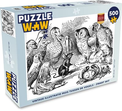 Puzzel Vintage illustratie muis tussen de vogels - zwart wit - Legpuzzel - Puzzel 500 stukjes