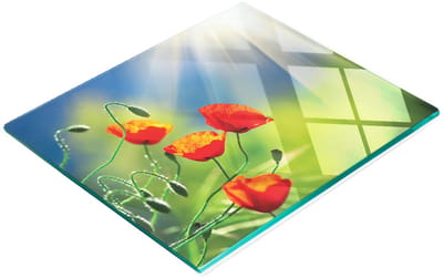 Glazen serveerplank voor in de keuken met afbeelding van zon en klaprozen, 60x52 cm
