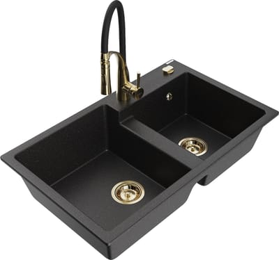 Mexen Tomas granieten spoelbak met 2 koen en keukenmengkraan Aster, zwart/zilver metallic - 6516-73-73450-57-G