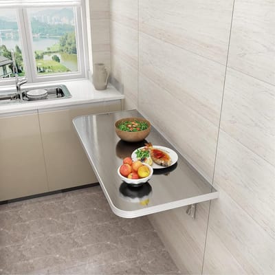 Opklapbaar Bureau - Wandtafel Klapbaar - Ruimte Besparen - Roestvrij Staal - 80x40cm - Zilverkleurig