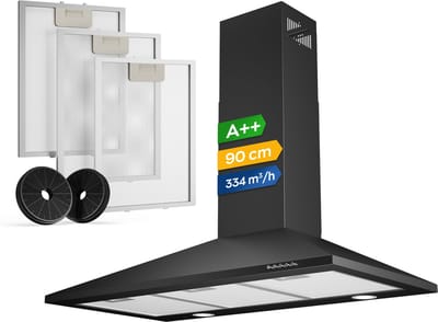 Heinrich’s HDU 7628 SW 90cm Afzuigkap zwart - inclusief set koolstoffilters – 334m3 - energieklasse A++