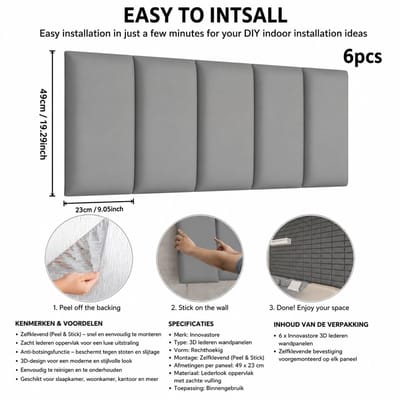 Innovastore Wandpanelen - 3D lederen wandpanelen - Zelfklevende wandpanelen - Rechthoekige wandpanelen - 6 wandpanelen - Grijs