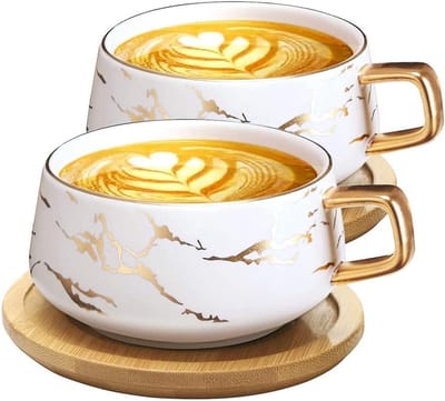 S&Dshopline® Cappuccinokopjes met schoteltjes, marmer, 300 ml, porseleinen espressokopjes voor thee, koffie, cappuccino, koffiekopjes met houten schijf (wit x 2), 2 stuks